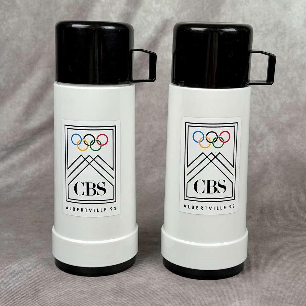 Vintage CBS Sports Albertville 1992 Winter Olympics Thermos Set of 2 White Black - Picture 1 of 16